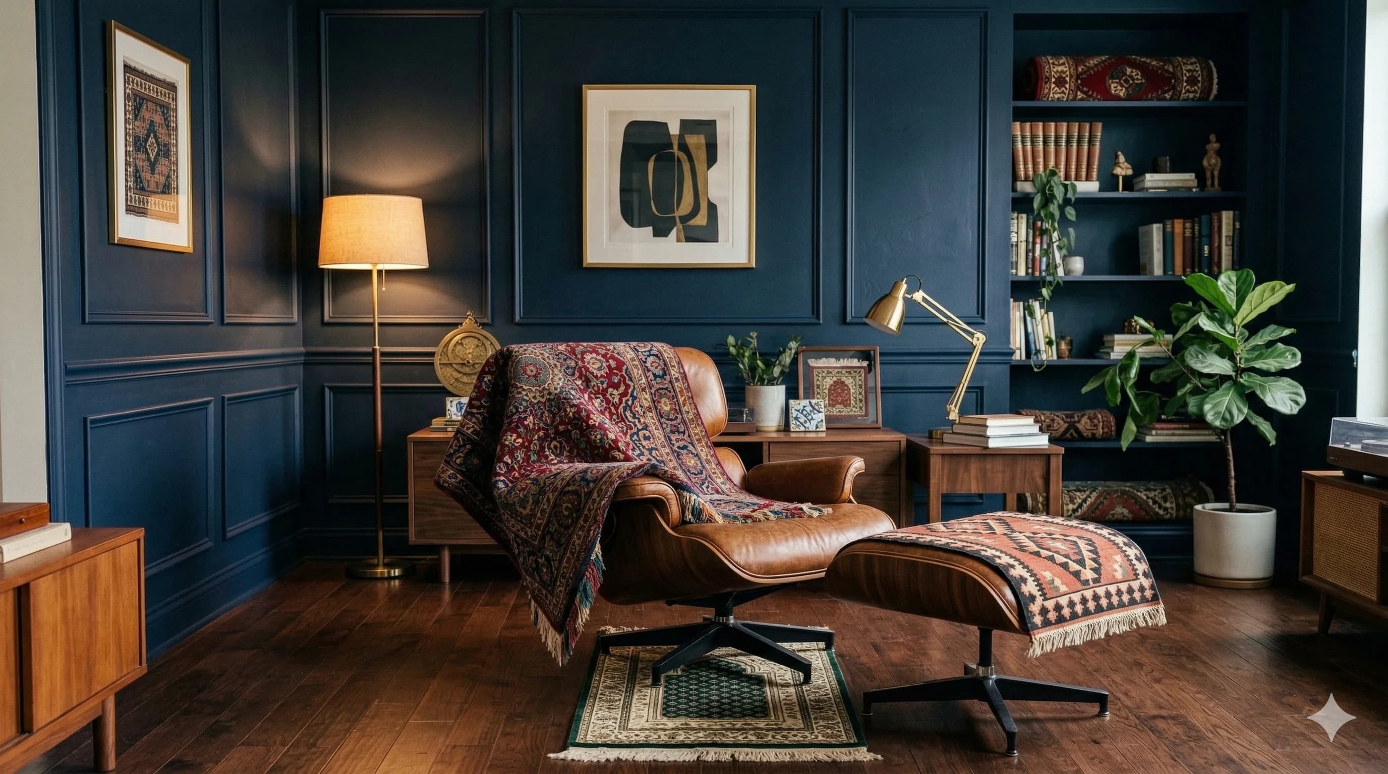A handmade oriental rug draped over a leather chair in a navy study